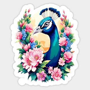 A Cute Peacock Surrounded by Bold Vibrant Spring Flowers Sticker